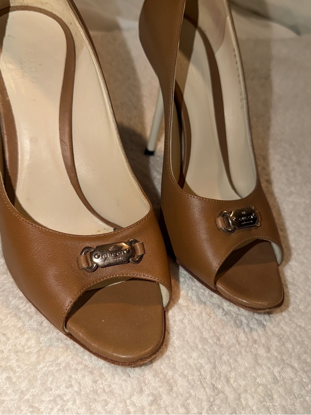 Gucci Brown Leather Peep-Toe Stiletto Heels with Metal Logo Plaque